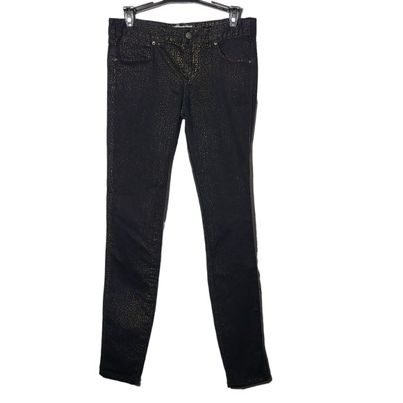 Free People Black and Gold Animal Printed Shimmer Skinny Denim Jeans Size 27 - Picture 1 of 13